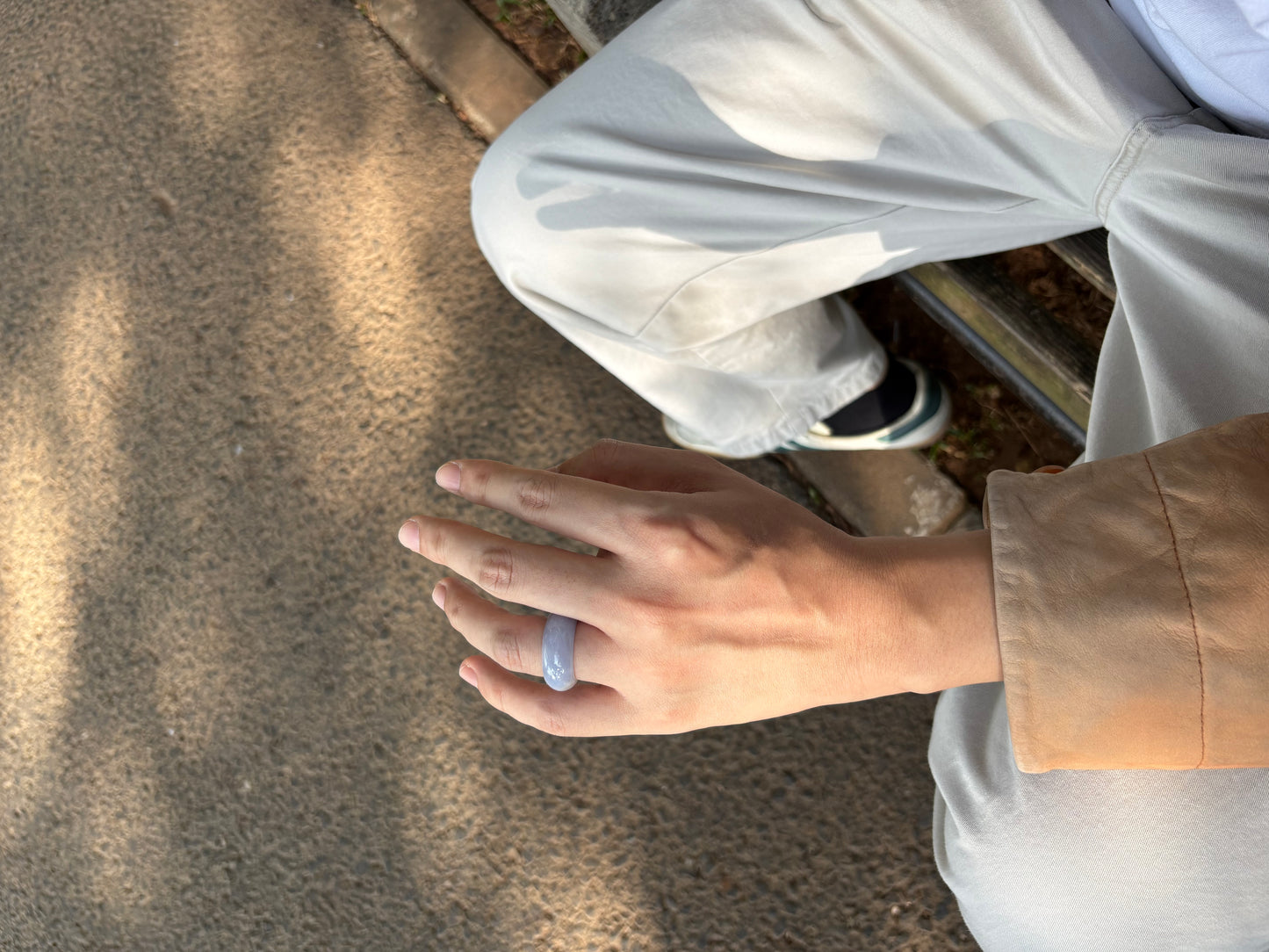 #R0607 Icy Lavender Yellow Flower Jadeite Jade Wide Band Ring Size 7.75