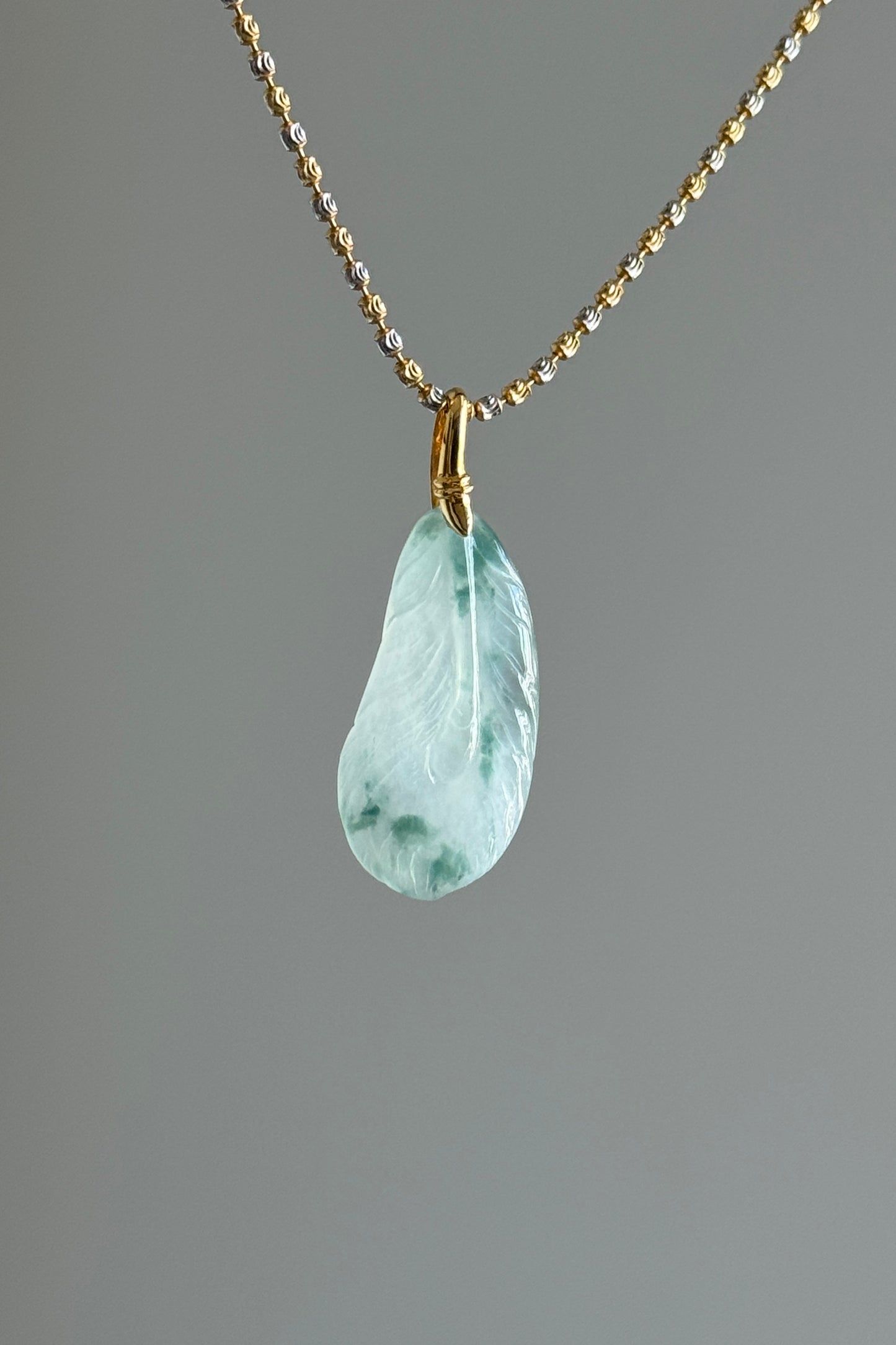 #P0558 "Feather" Icy Green Flower Jadeite Jade Feather 18K Yellow Gold Pendant