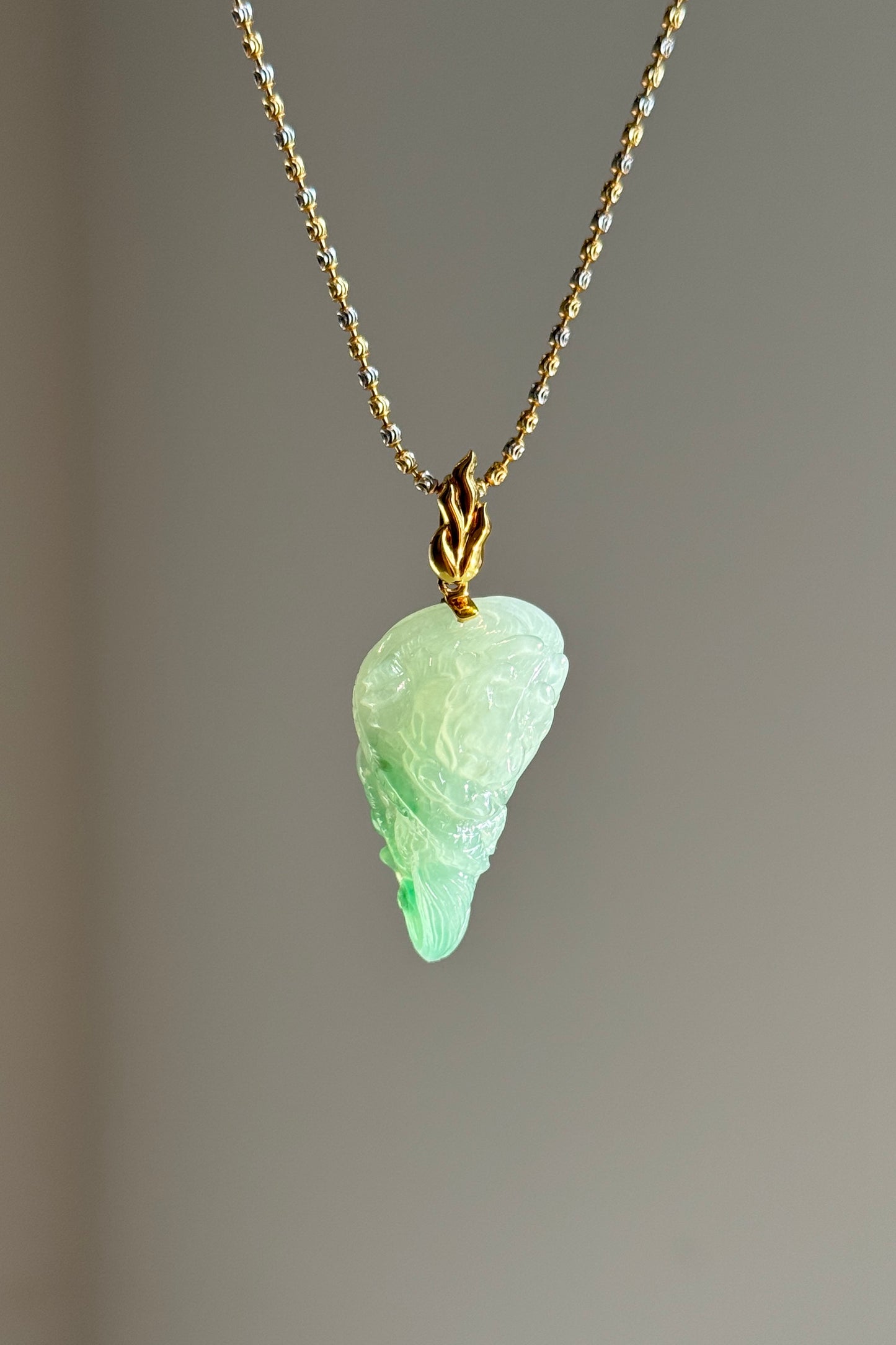 #P0533 "Fire Dragon" Icy Green Jadeite Jade 18K Yellow Gold Pendant