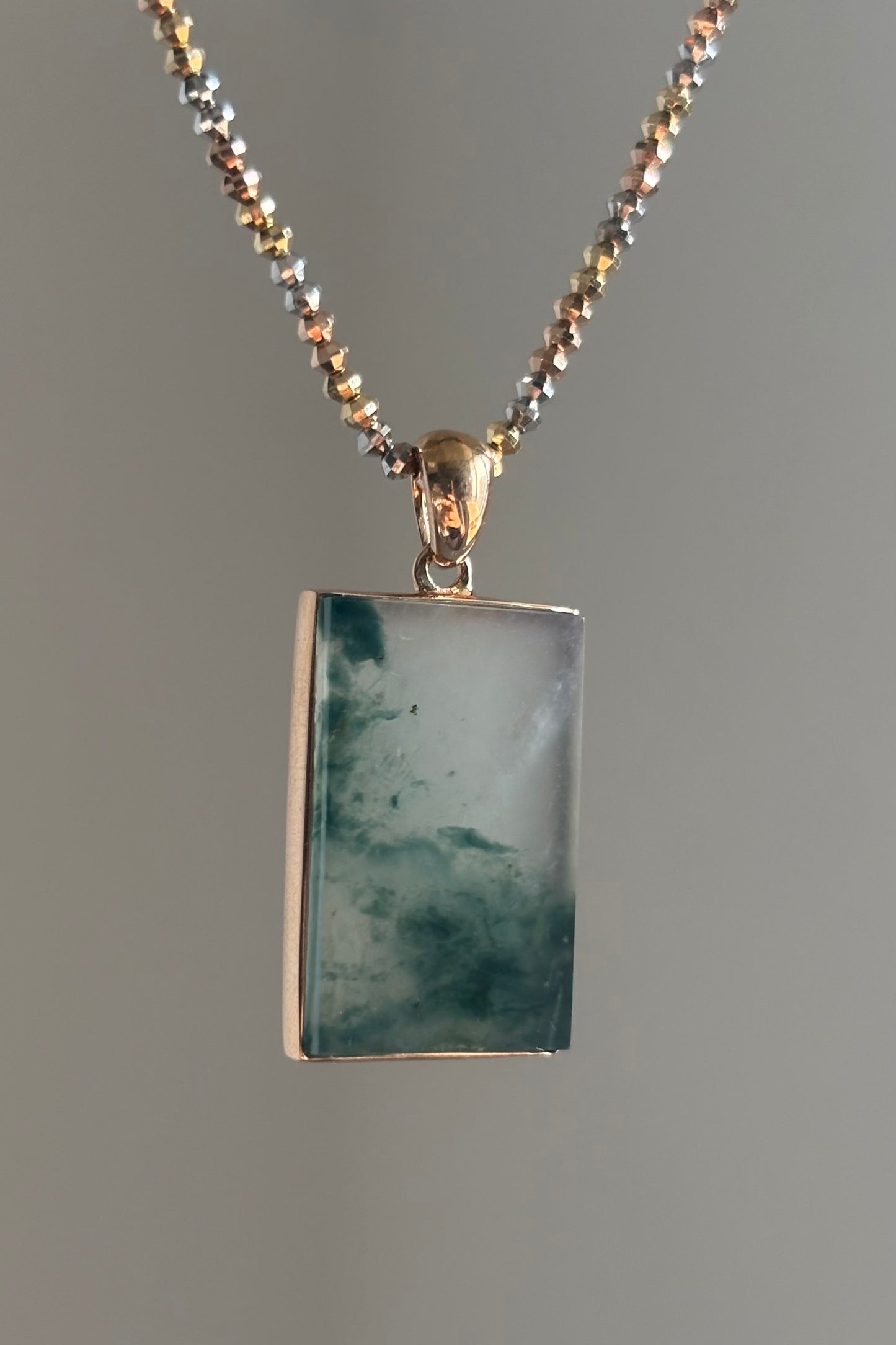 #P0486 "Wushi/Peace" Highly Icy Bluish Green Jadeite Jade Peace 18K Rose Gold Pendant