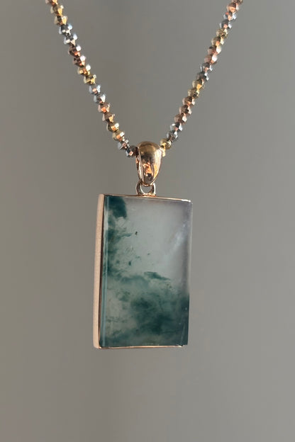 #P0486 "Wushi/Peace" Highly Icy Bluish Green Jadeite Jade Peace 18K Rose Gold Pendant