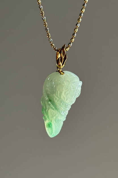 #P0533 "Fire Dragon" Icy Green Jadeite Jade 18K Yellow Gold Pendant