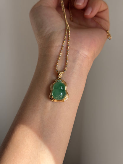 #P0568 "Hulu/Gourd" Icy Imperial Sun Green Jadeite Jade 18K Yellow Gold Pendant