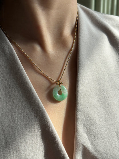 #P0498 "Bi" Icy Bright Sun Green Jadeite Jade Donut 18K Yellow Gold Pendant