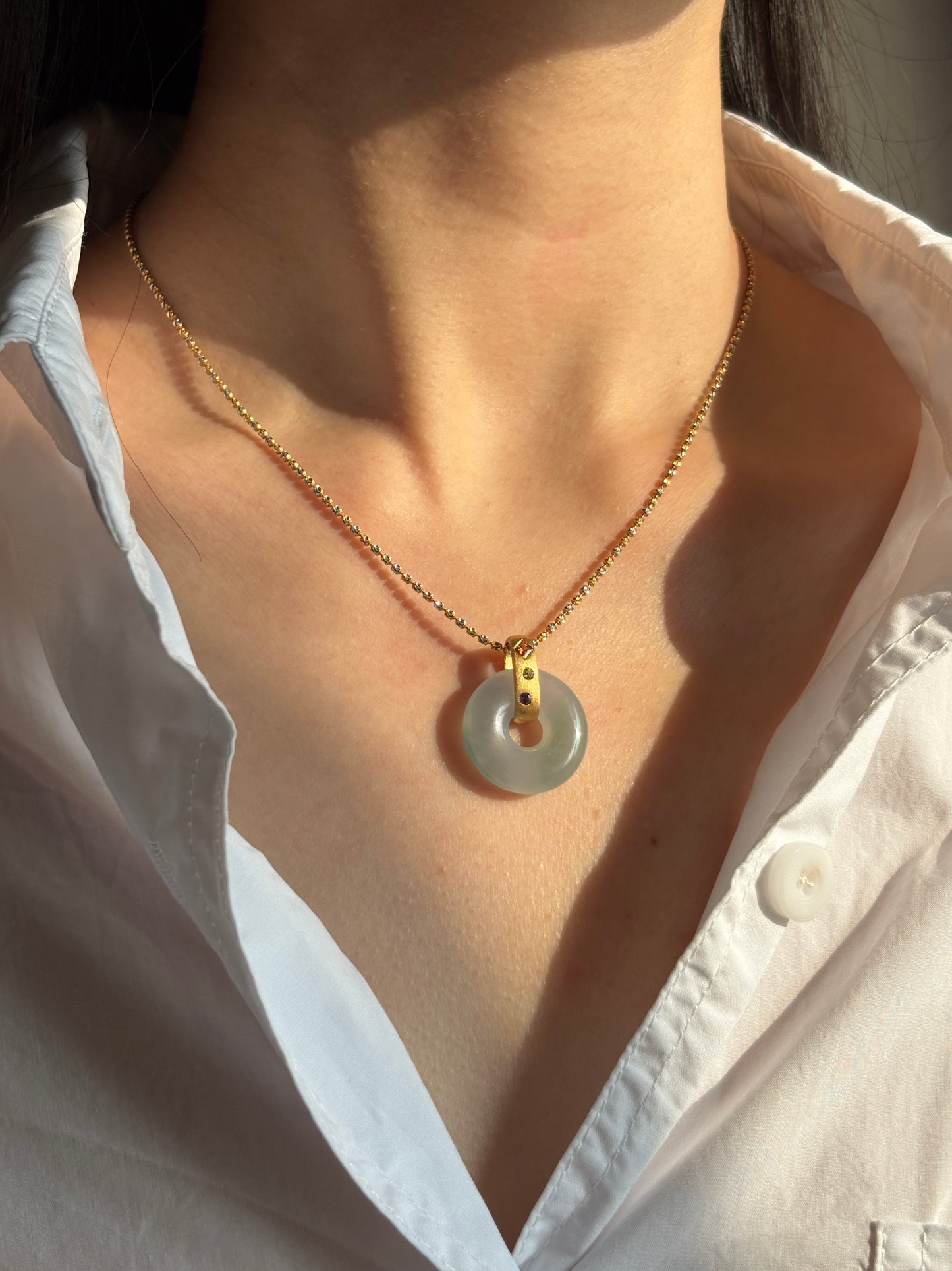 #P0544 "Bi" Icy Blue Green Jadeite Jade Donut 18K Yellow Gold Pendant