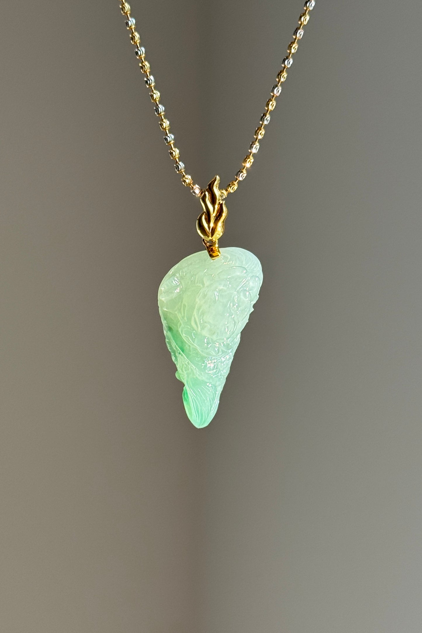 #P0533 "Fire Dragon" Icy Green Jadeite Jade 18K Yellow Gold Pendant