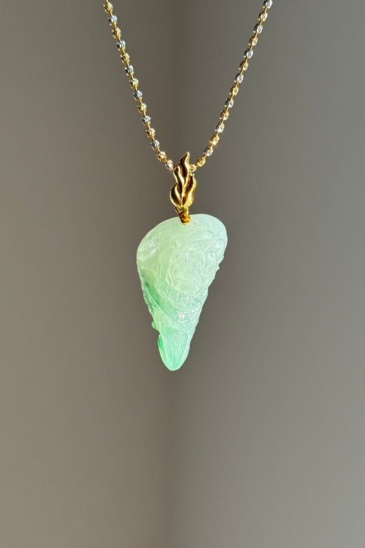 #P0533 "Fire Dragon" Icy Green Jadeite Jade 18K Yellow Gold Pendant