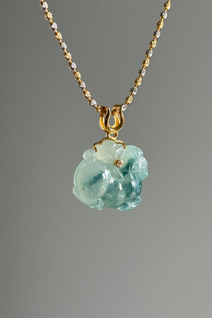 #P0505 "Tang Horse" Icy Blue Flower Jadeite Jade 18K Yellow Gold Pendant