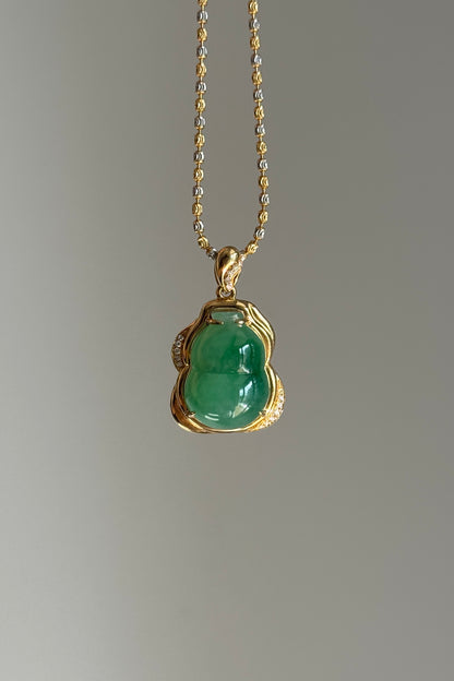 #P0568 "Hulu/Gourd" Icy Imperial Sun Green Jadeite Jade 18K Yellow Gold Pendant