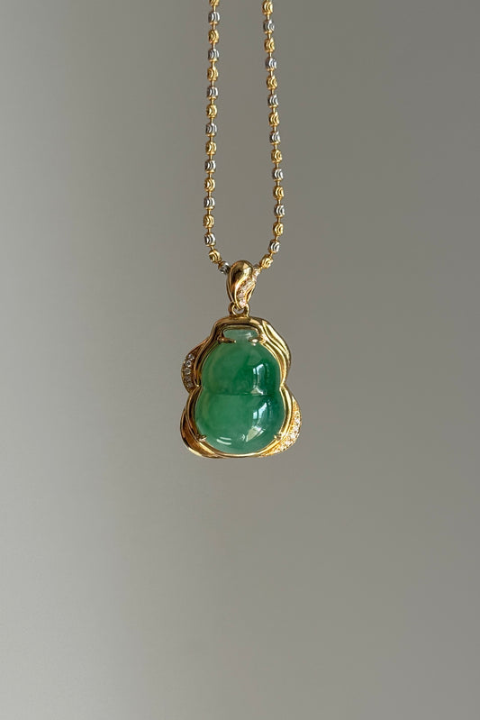 #P0568 "Hulu/Gourd" Icy Imperial Sun Green Jadeite Jade 18K Yellow Gold Pendant