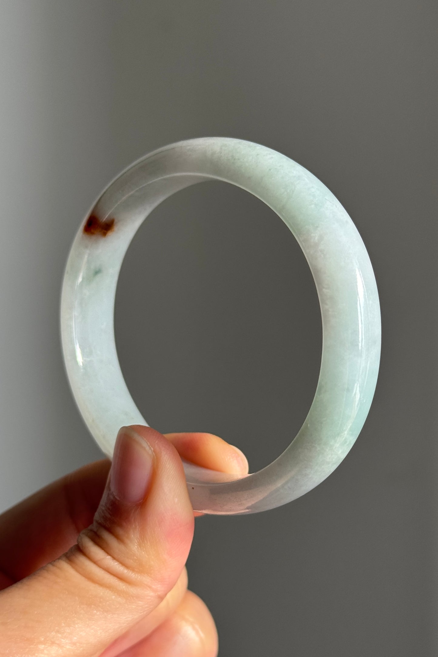 #0378 Icy Lotus Green Red Spot Oval Jade Bangle Size 55