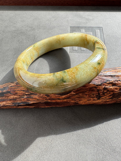 #0331 "Fall" Rich Yellow Green Flower Jade Bangle Size 58.5