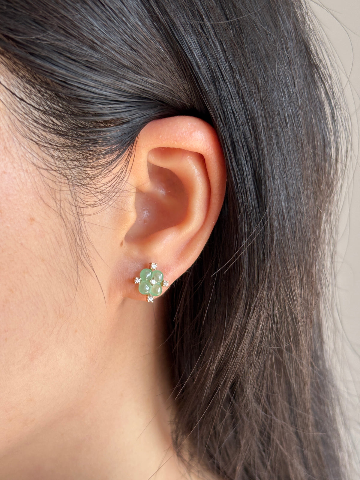 #E0306 "Blossom" Highly Icy Green Jadeite Jade Diamonds 18K Yellow Gold Earrings