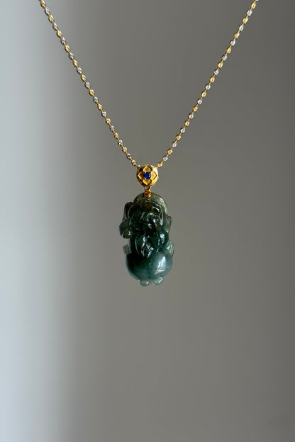 #P0523 "Pixiu" Icy Rich Blue Water Green Yellow Jadeite Jade 18K Yellow Gold Pendant