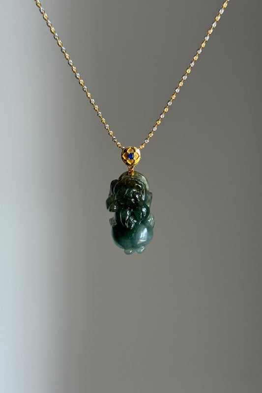 #P0523 "Pixiu" Icy Rich Blue Water Green Yellow Jadeite Jade 18K Yellow Gold Pendant