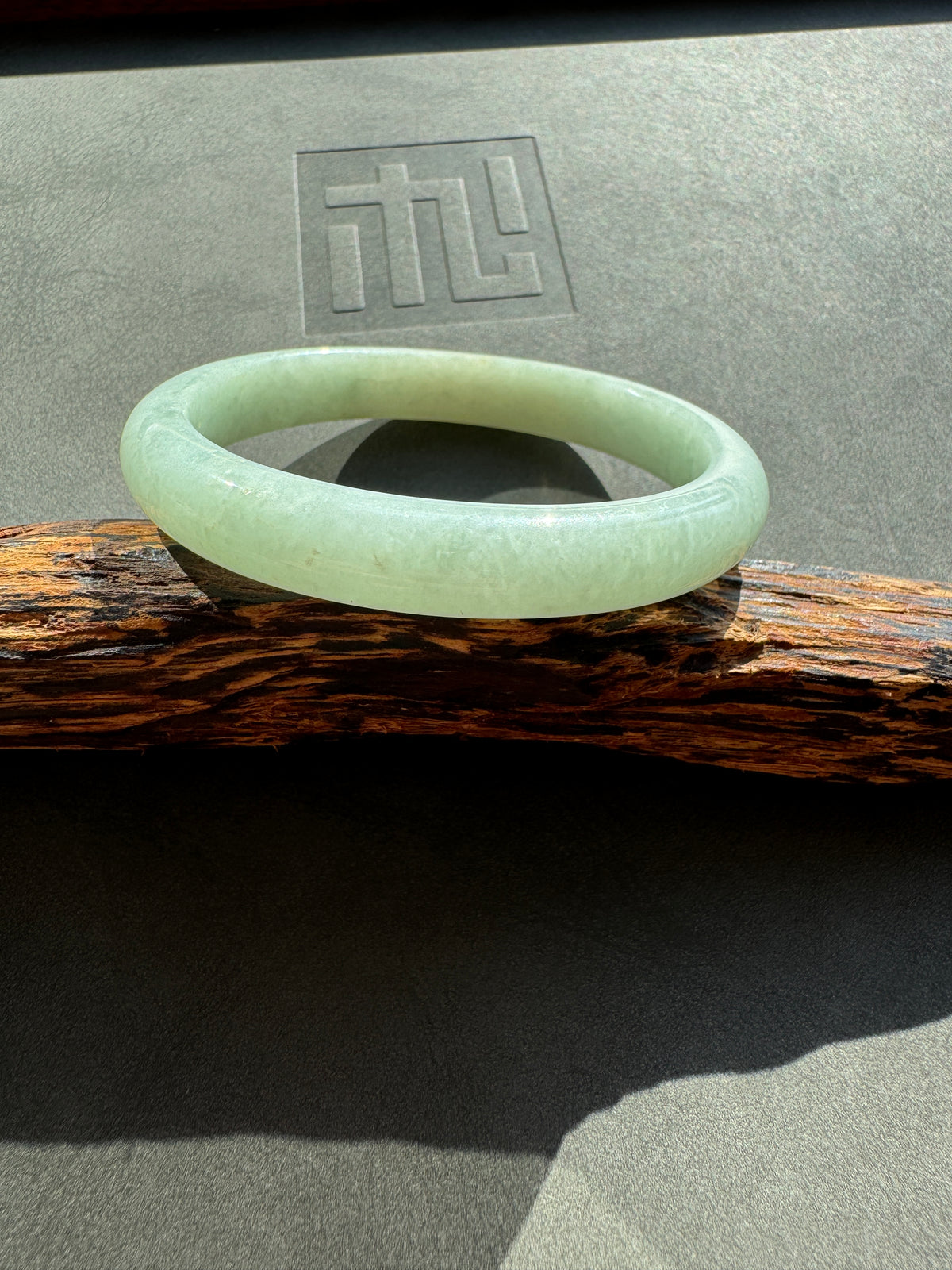#0426 Lotus Green Oval Jade Bangle Size 51