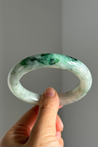 #0367 Icy Rich Green Flower White Jade Bangle Size 57.1 (fits up to 58)
