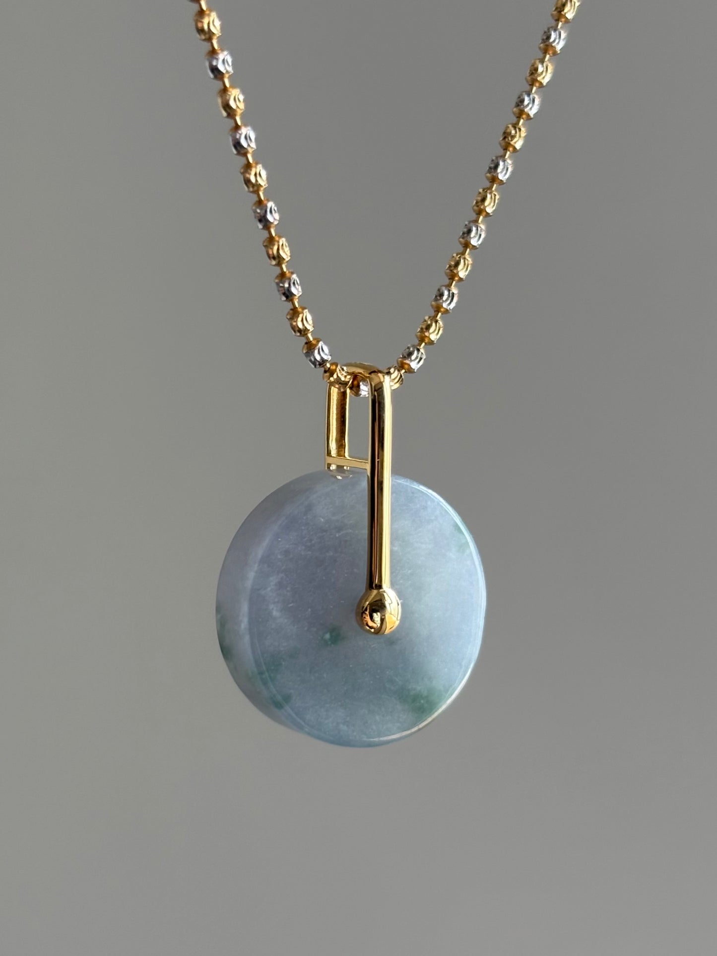 #P0460 "Bi" Icy Lavender Green Jadeite Jade Donut 18K Yellow Gold Pendant
