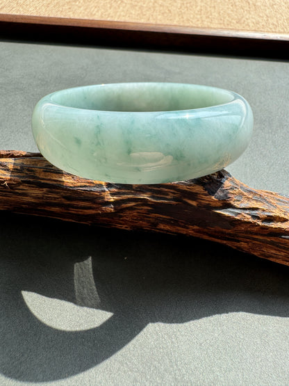 #0384 Icy Bluish Green Flower Wide Jade Bangle Size 61.7