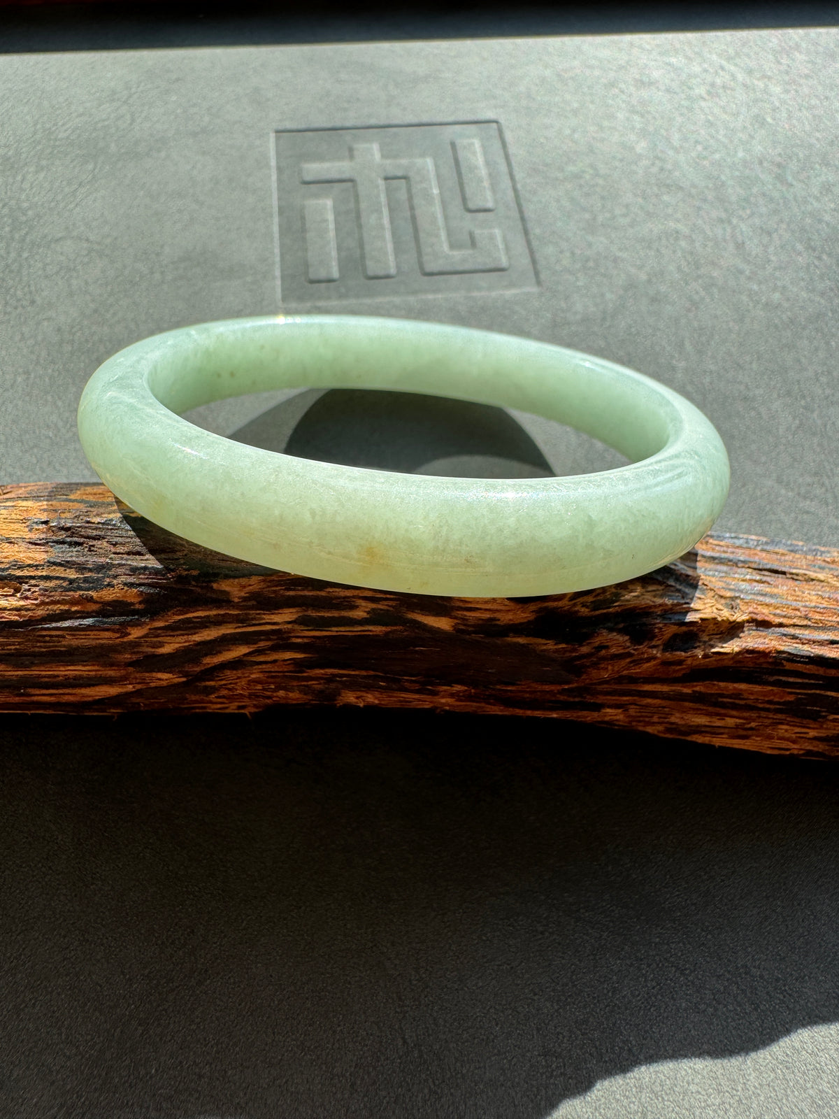 #0426 Lotus Green Oval Jade Bangle Size 51