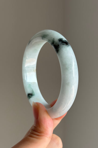 #0402 White Green Ink Flower Jade Bangle Size 56.5