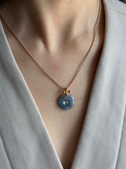 #0475 "Bi" Icy Monet Lavender & Green Jadeite Jade 18K Yellow Gold Pendant