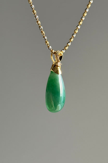 #P0501 "Water Drop" Icy Rich Green Jadeite Jade 18K Yellow Gold Pendant