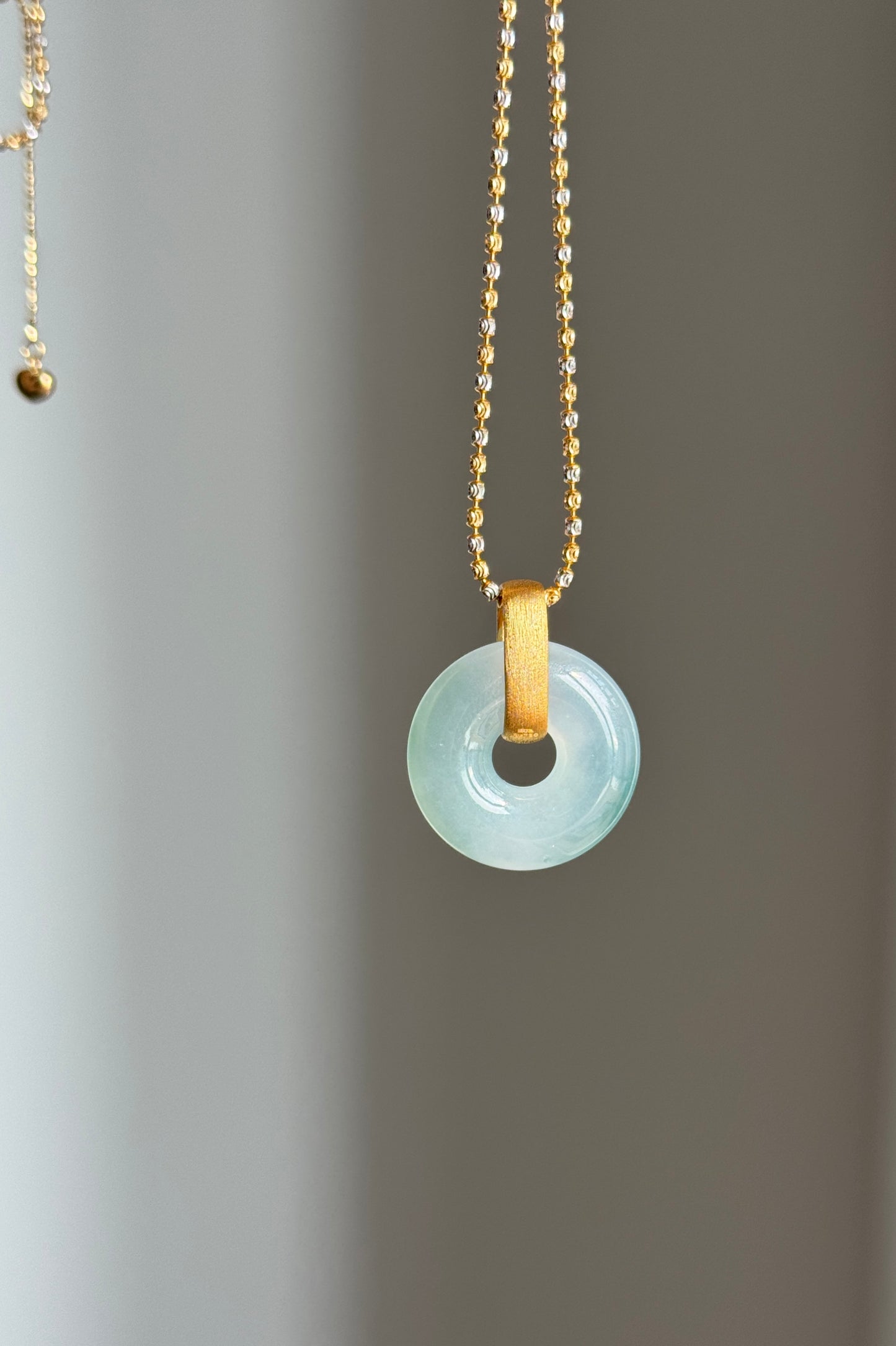 #P0544 "Bi" Icy Blue Green Jadeite Jade Donut 18K Yellow Gold Pendant