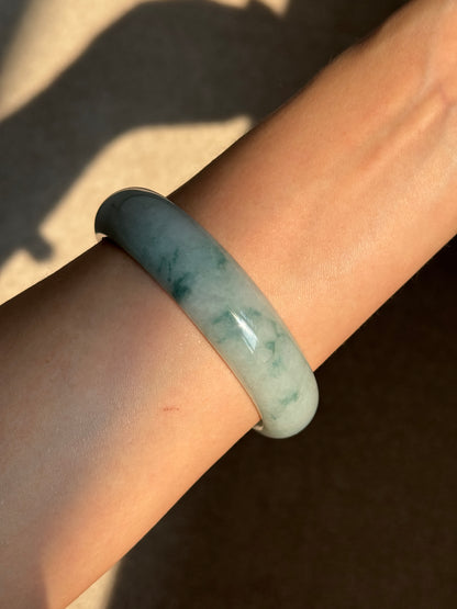 #0421 Icy Bluish Green Flower Jade Bangle Size 60.5