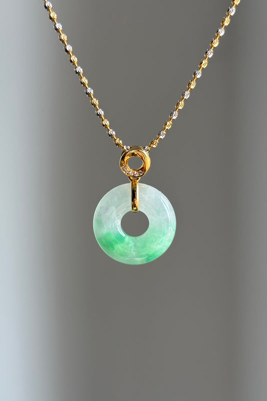 #P0464 "Bi" Icy Bright Sun Green Jadeite Jade Donut 18K Yellow Gold Pendant