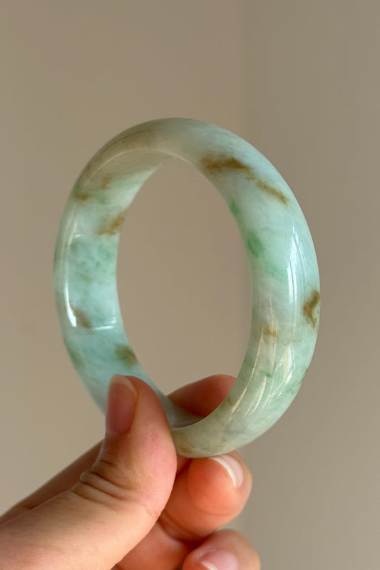#0443 Icy Green Yellow Flower Wide Jade Bangle Size 58