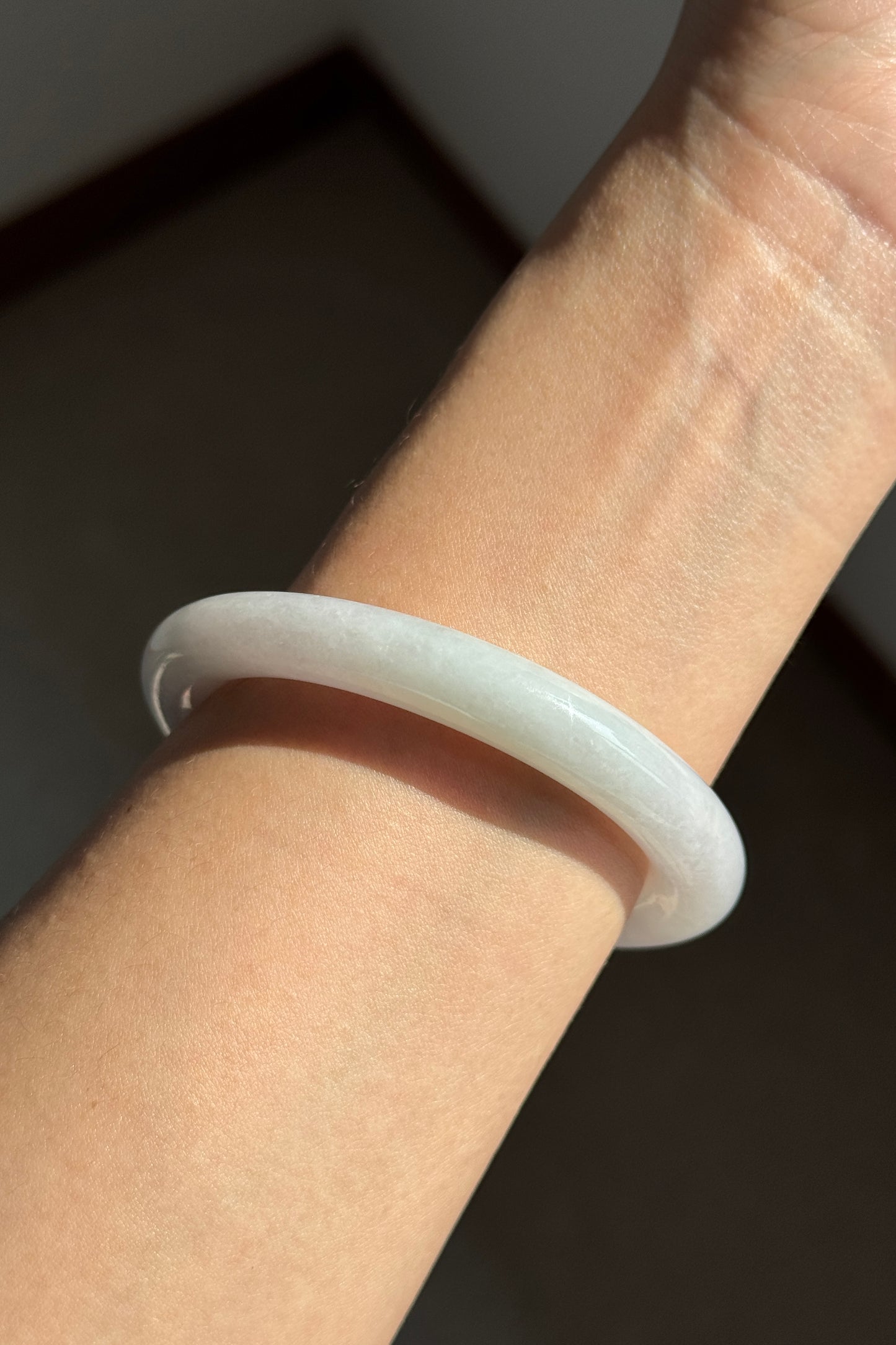 #0357 Icy White Light Lavender and Green Jade Bangle Size 53.8 (fits up to 55.5)