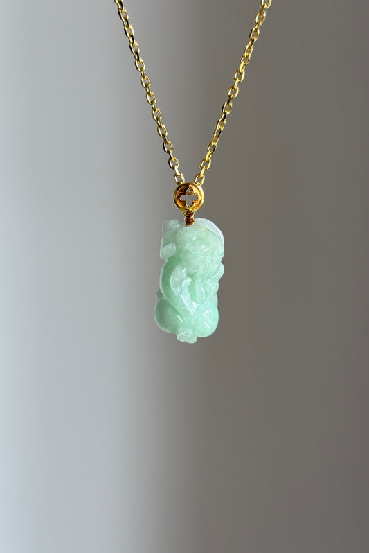 #P0499 "Pixiu" Light Apple Green Jadeite Jade 18K Yellow Gold Pendant