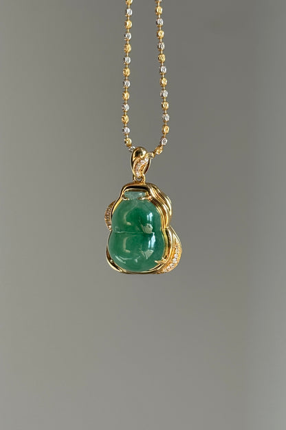 #P0568 "Hulu/Gourd" Icy Imperial Sun Green Jadeite Jade 18K Yellow Gold Pendant