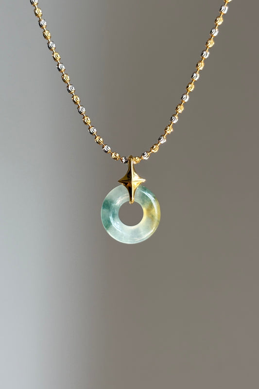 #P0525 "Bi" Highly Icy Golden Yellow Green Petite Jadeite Jade Donut 18K Yellow Gold Pendant