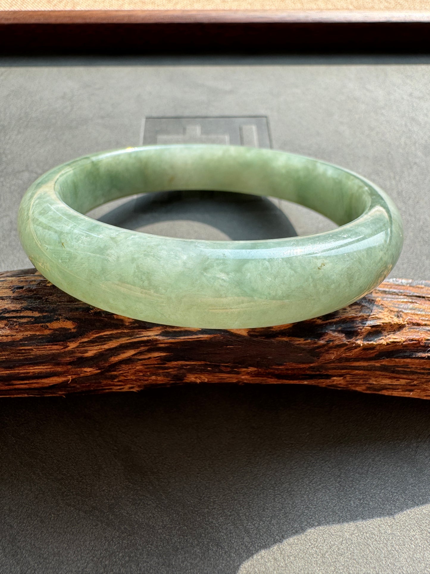 #0389 Icy Olive Green Jade Bangle Size 58