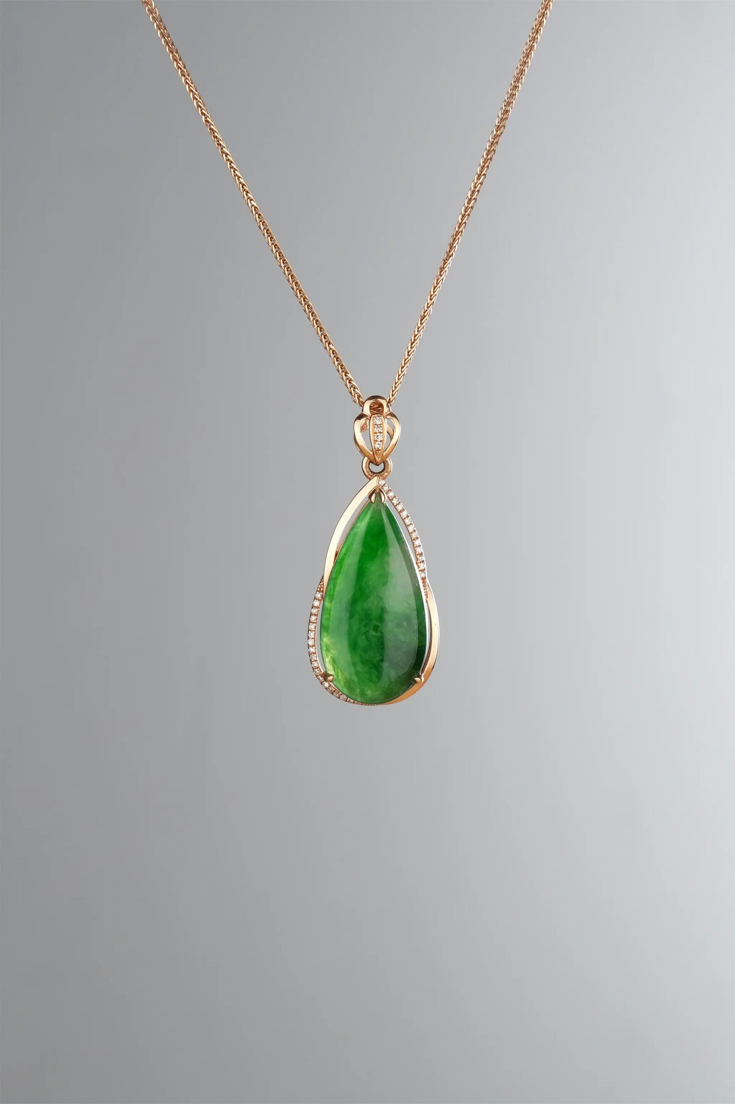 "Water Drop" Imperial Green Jadeite Jade 18K Rose Gold VS Diamonds Pendant