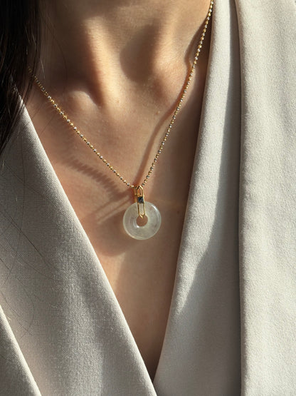 #0473 "Bi" Highly Icy White Jadeite Jade 18K Yellow Gold Pendant