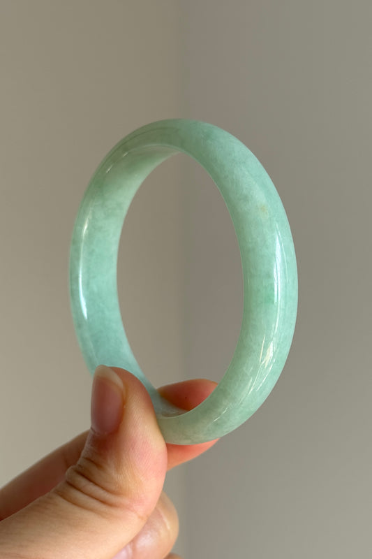 #0445 Icy Bright Lotus Green Oval Jade Bangle Size 50.4