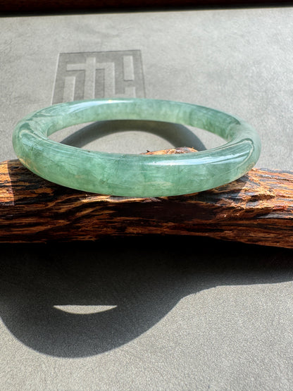 #0395 Highly Icy Olive Green Jade Bangle Size 52.6 (fits up to 54.6)