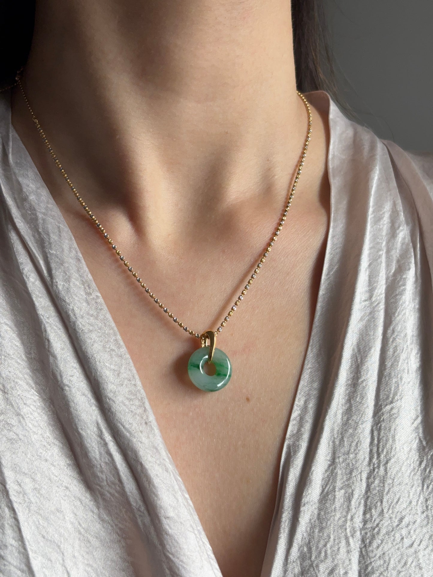 #P0480 "Bi" Icy Imperial Sun Green Jadeite Jade Donut 18K Yellow Gold Pendant