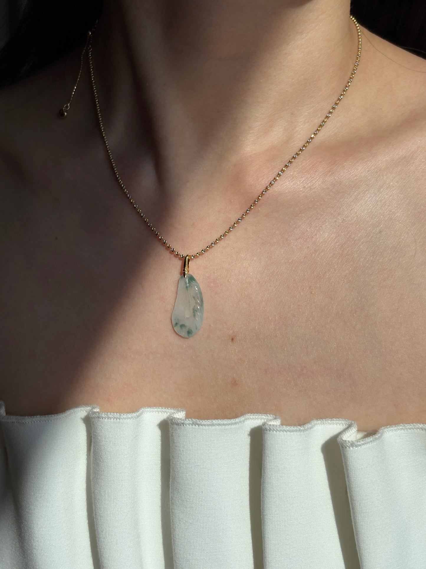 #P0558 "Feather" Icy Green Flower Jadeite Jade Feather 18K Yellow Gold Pendant