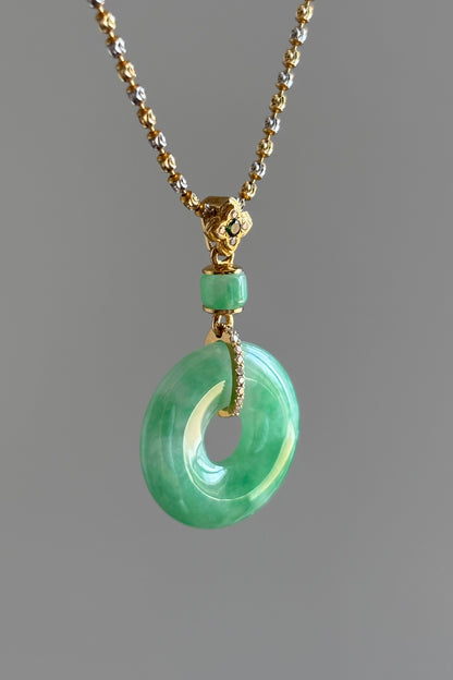 #P0434 "Bi" Icy Bright Sun Green Jadeite Jade Donut 18K Yellow Gold VS Diamonds Pendant