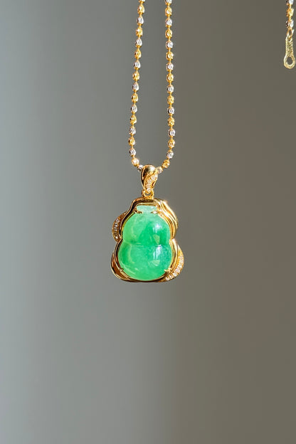 #P0568 "Hulu/Gourd" Icy Imperial Sun Green Jadeite Jade 18K Yellow Gold Pendant