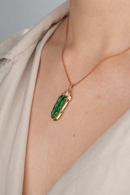 "Leaf" Imperial Green Jadeite Jade 18K Rose Gold VS Diamonds Pendant