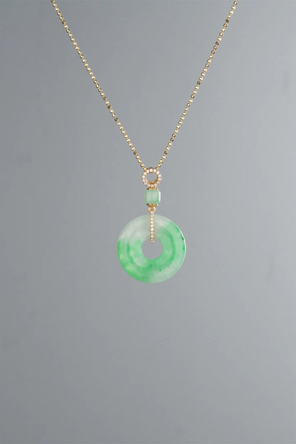 "Bi" Highly Icy Bright Sun Green Jadeite Jade Donut 18K Yellow Gold VS Diamonds Pendant