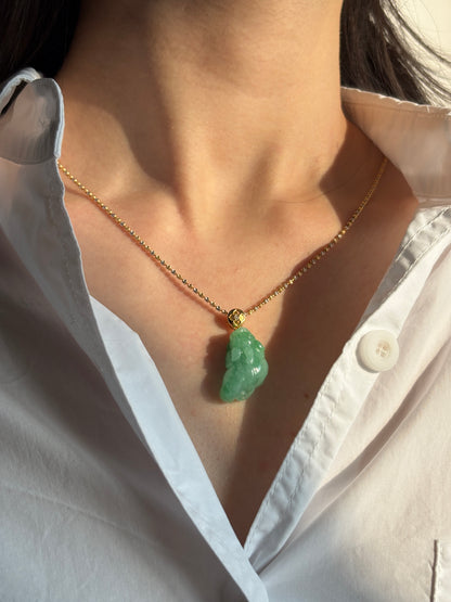 #P0526 "Pixiu" Icy Sun Green Jadeite Jade 18K Yellow Gold Pendant