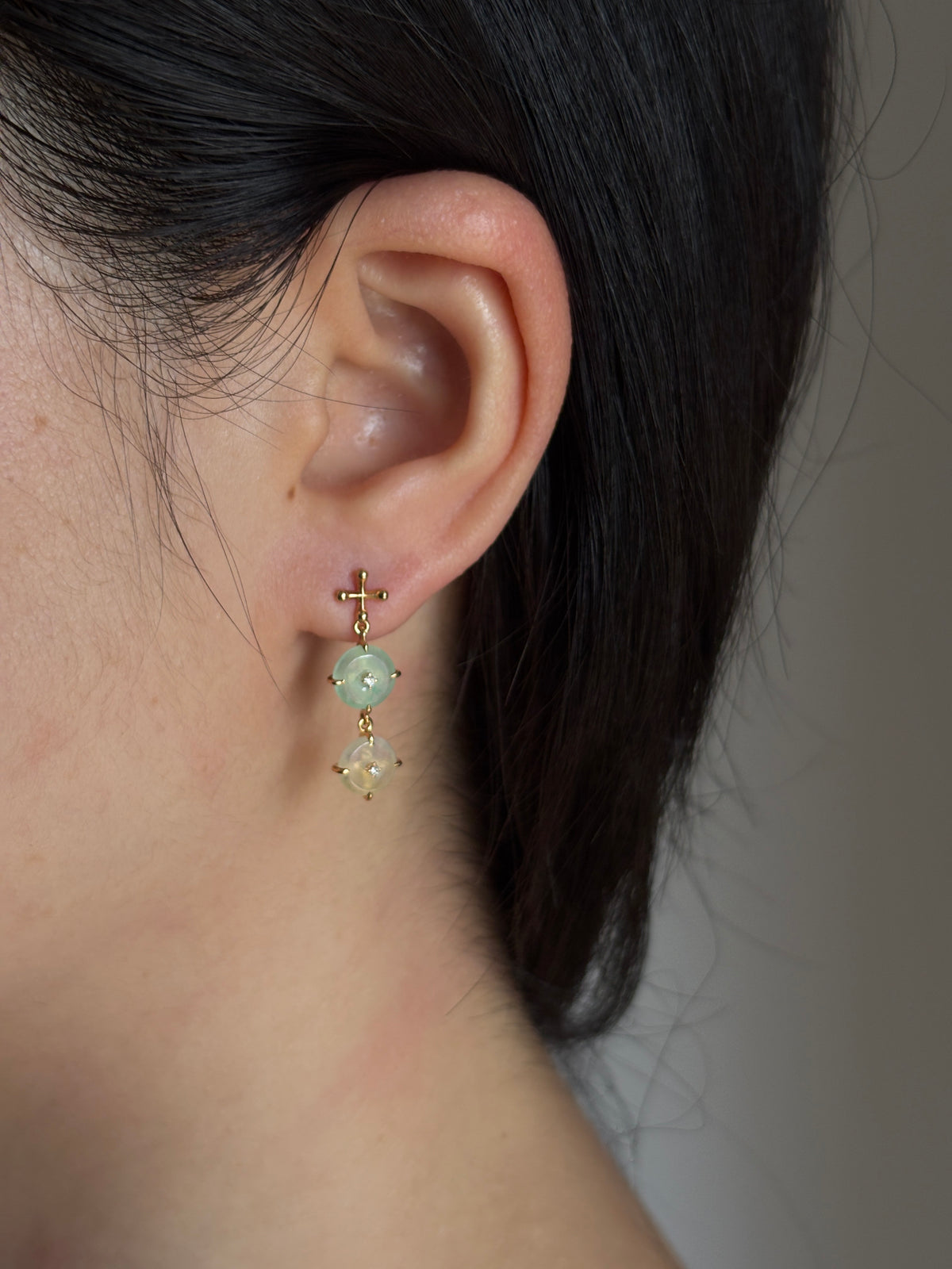 #E0307 "Blossom Bi" Highly Icy Green Jadeite Jade Donut Diamonds 18K Yellow Gold Earrings