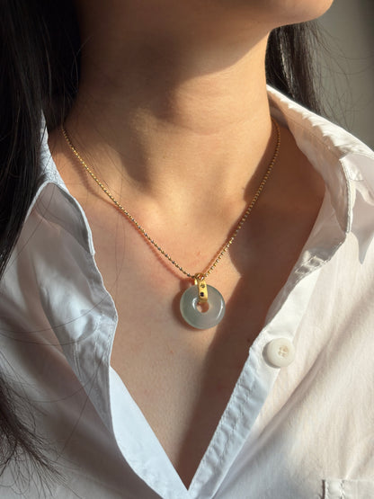 #P0544 "Bi" Icy Blue Green Jadeite Jade Donut 18K Yellow Gold Pendant