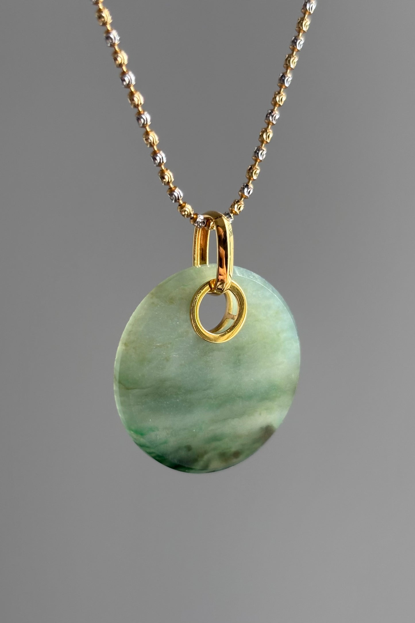 #P0457 "Wushi/Peace" Icy Green Jadeite Jade 18K Yellow Gold Pendant